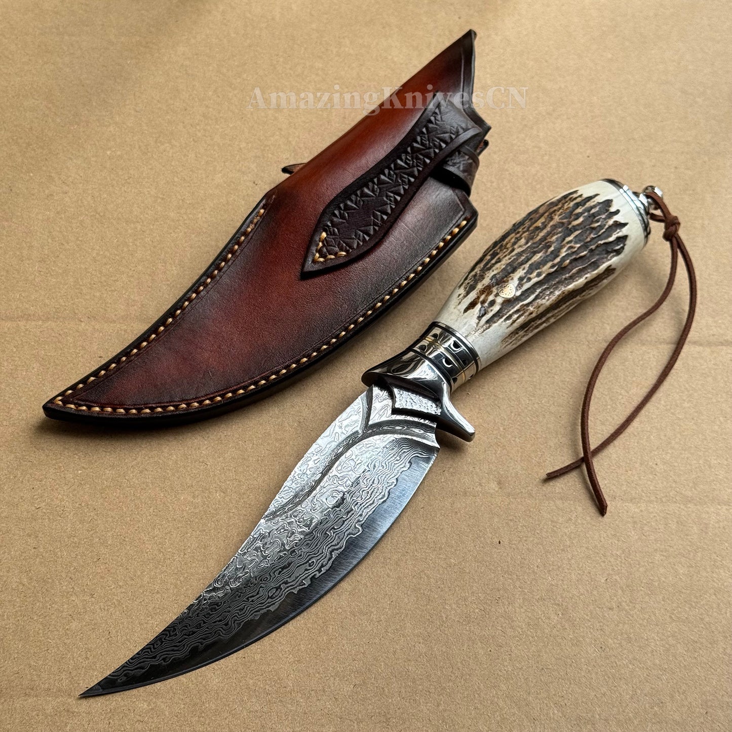 Damascus Survival knife Bowie Knife Hunting Knife Fixed Blade Stag Antler Sheath - AK-HT0746