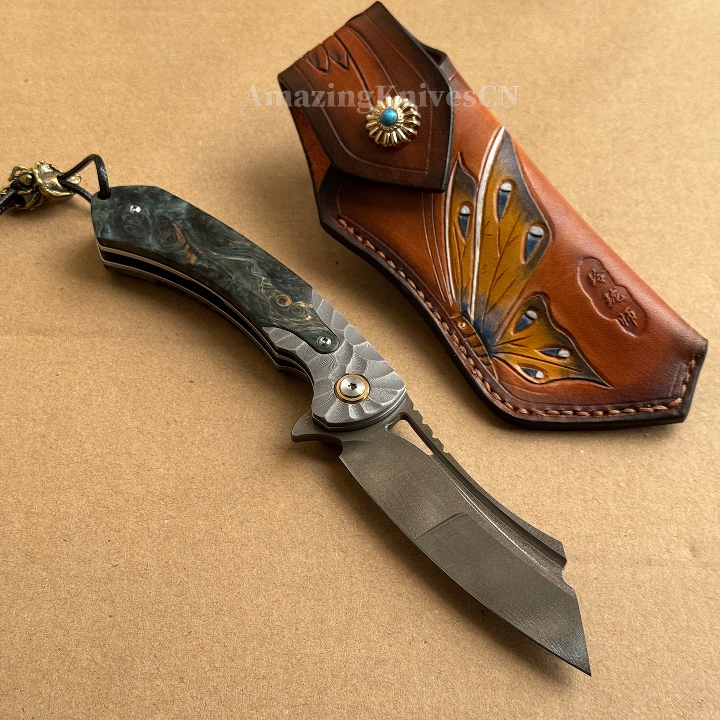 Tactical Wootz Steel Folding Knife Flipper Ball Bearings with Sheath - AK-HT0744-WZ