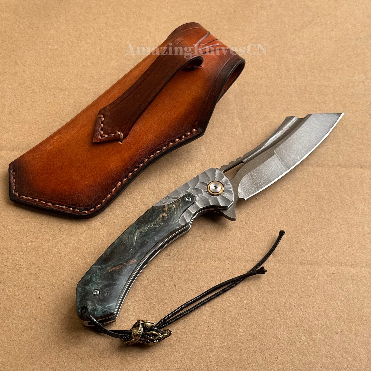 Tactical Wootz Steel Folding Knife Flipper Ball Bearings with Sheath - AK-HT0744-WZ