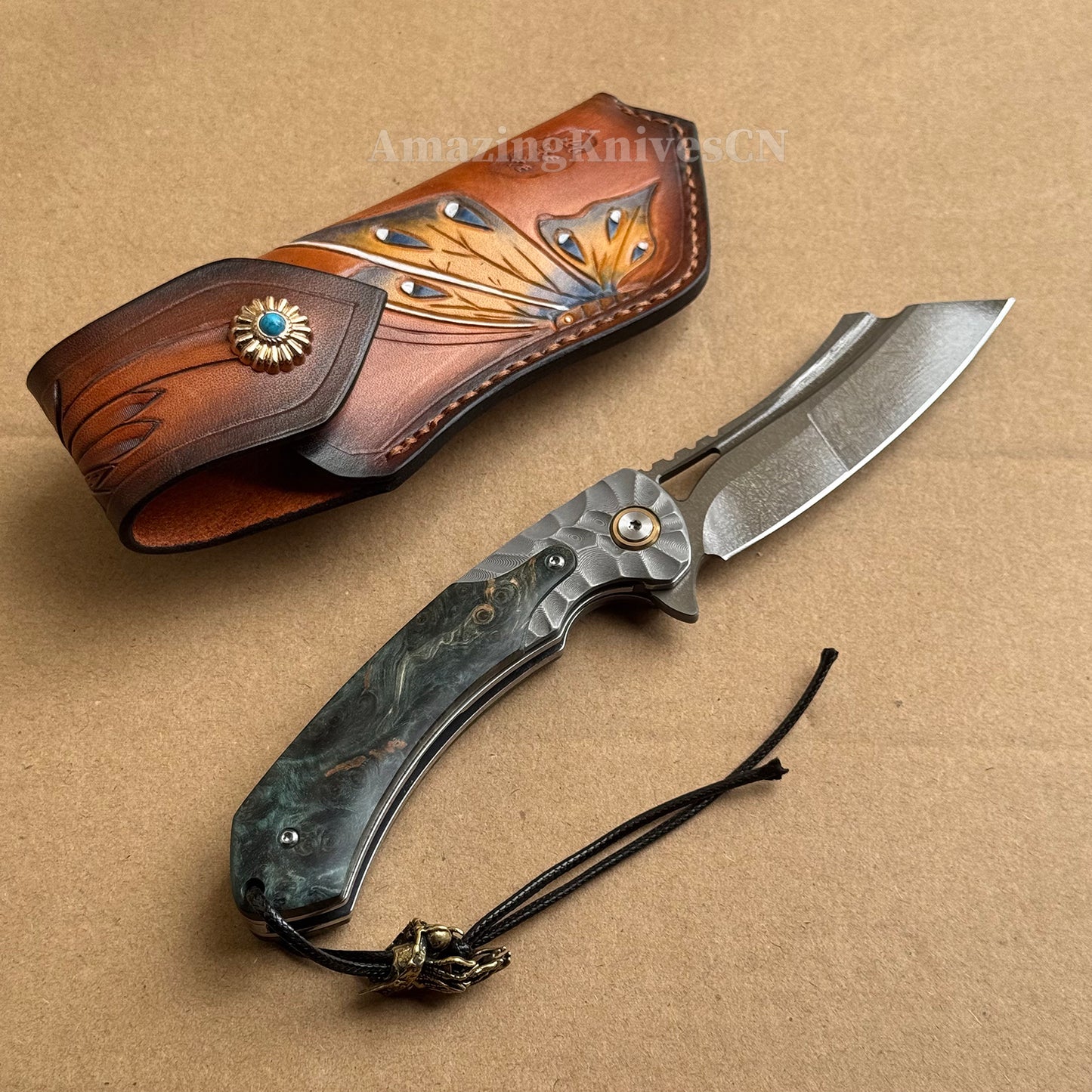 Tactical Wootz Steel Folding Knife Flipper Ball Bearings with Sheath - AK-HT0744-WZ