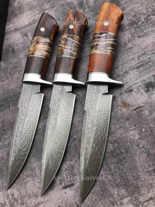 Luxury Handmade Feather Damascus Steel Hunting Knife with Leather Sheath - AK-HT0999