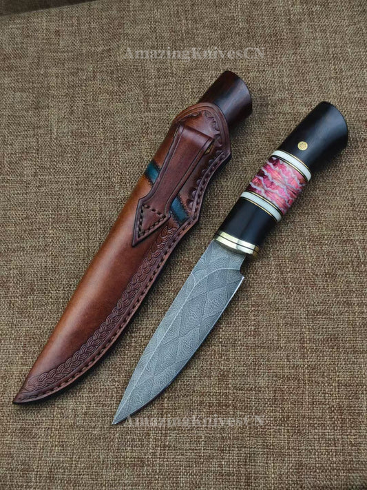 Top Tier Collectible Knife Luxury Handforged Damacus Steel Fixed Blade Knife with Leather Sheath - AK-HT1001