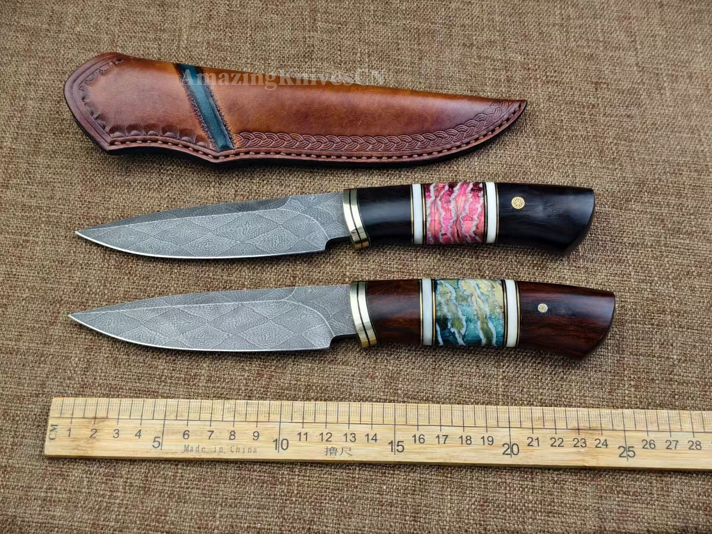 Top Tier Collectible Knife Luxury Handforged Damacus Steel Fixed Blade Knife with Leather Sheath - AK-HT1001