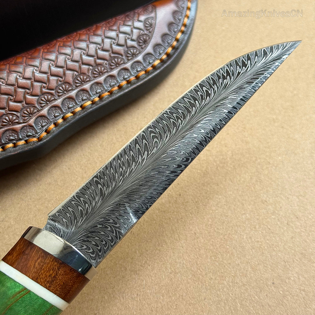 Collectible Handmade Feather Damascus Steel Knife Hunting Knife - AK-HT0974