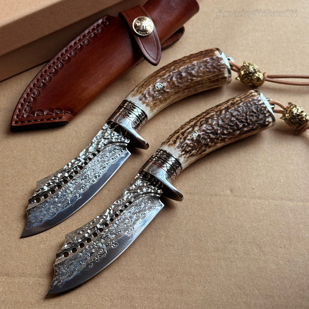 Damascus Survival Outdoor Camping Hunting Knife Fixed Blade Stag Antler Sheath - AK-HT0817