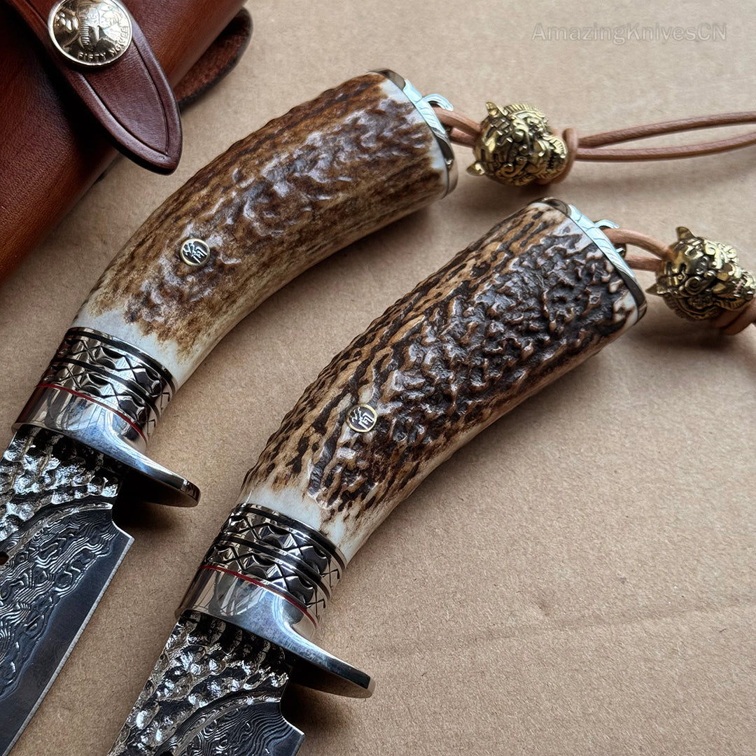Damascus Survival Outdoor Camping Hunting Knife Fixed Blade Stag Antler Sheath - AK-HT0817