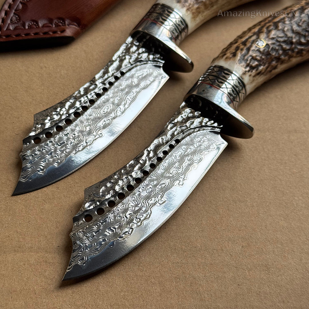 Damascus Survival Outdoor Camping Hunting Knife Fixed Blade Stag Antler Sheath - AK-HT0817