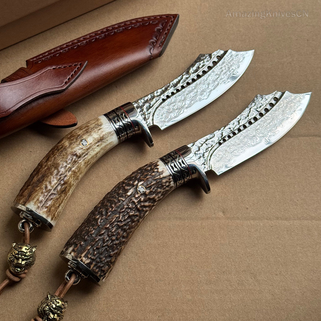 Damascus Survival Outdoor Camping Hunting Knife Fixed Blade Stag Antler Sheath - AK-HT0817