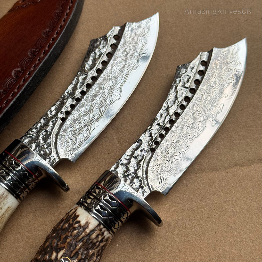 Damascus Survival Outdoor Camping Hunting Knife Fixed Blade Stag Antler Sheath - AK-HT0817