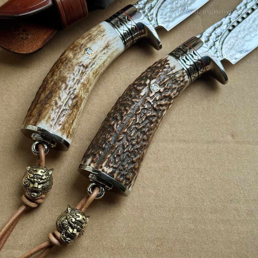 Damascus Survival Outdoor Camping Hunting Knife Fixed Blade Stag Antler Sheath - AK-HT0817