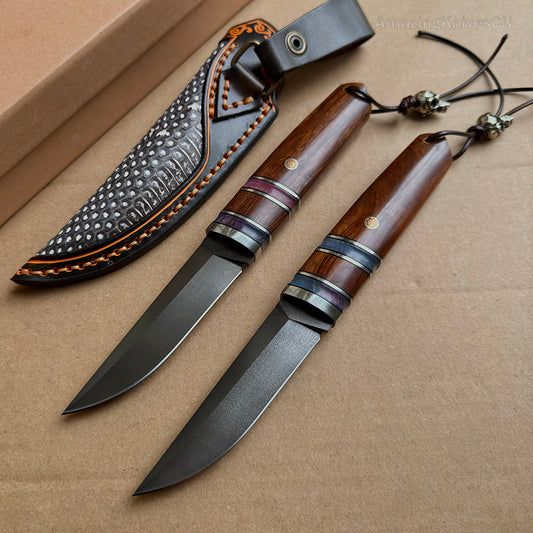 Wootz Steel Hunting Knife Bowie Desert Ironwood Handle with Leather Sheath - AK-HT0802