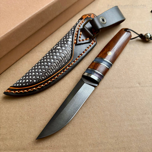Wootz Steel Hunting Knife Bowie Desert Ironwood Handle with Leather Sheath - AK-HT0802