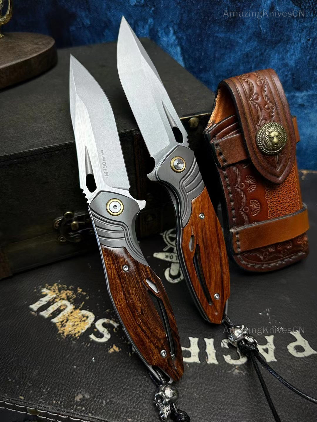 M390 Blade Pocket Knife Tactical Flipper Ceramic Ball Bearings Desert Ironwood - AK-HT0850
