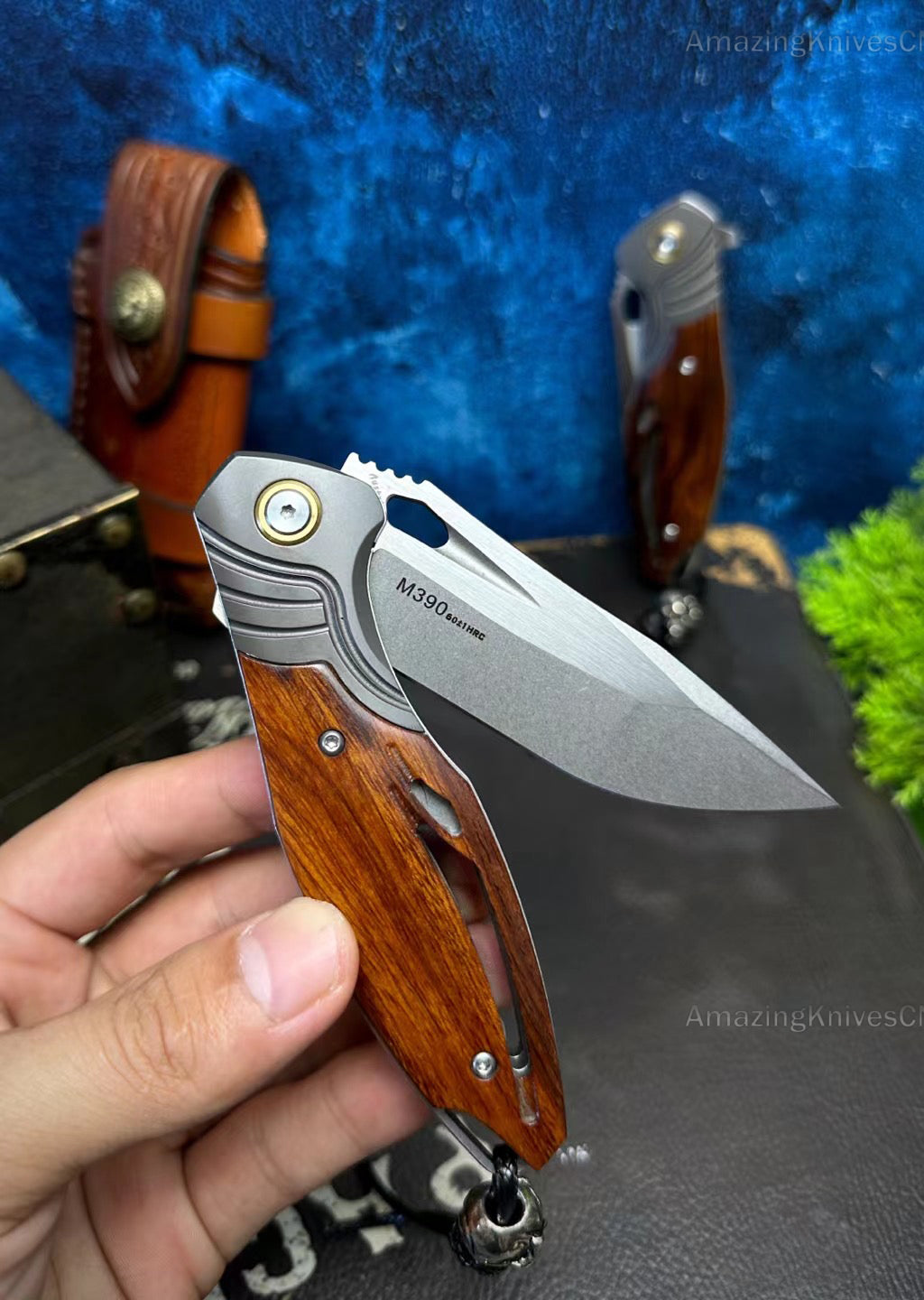 M390 Blade Pocket Knife Tactical Flipper Ceramic Ball Bearings Desert Ironwood - AK-HT0850