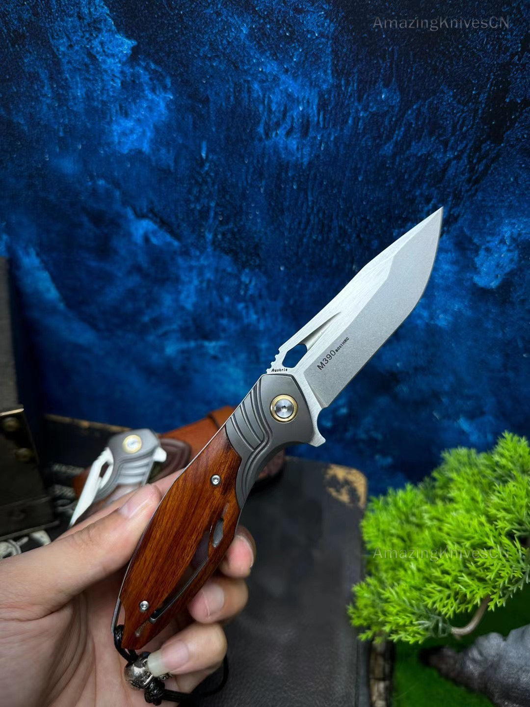 M390 Blade Pocket Knife Tactical Flipper Ceramic Ball Bearings Desert Ironwood - AK-HT0850