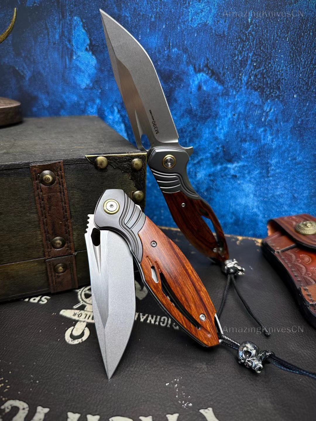 M390 Blade Pocket Knife Tactical Flipper Ceramic Ball Bearings Desert Ironwood - AK-HT0850