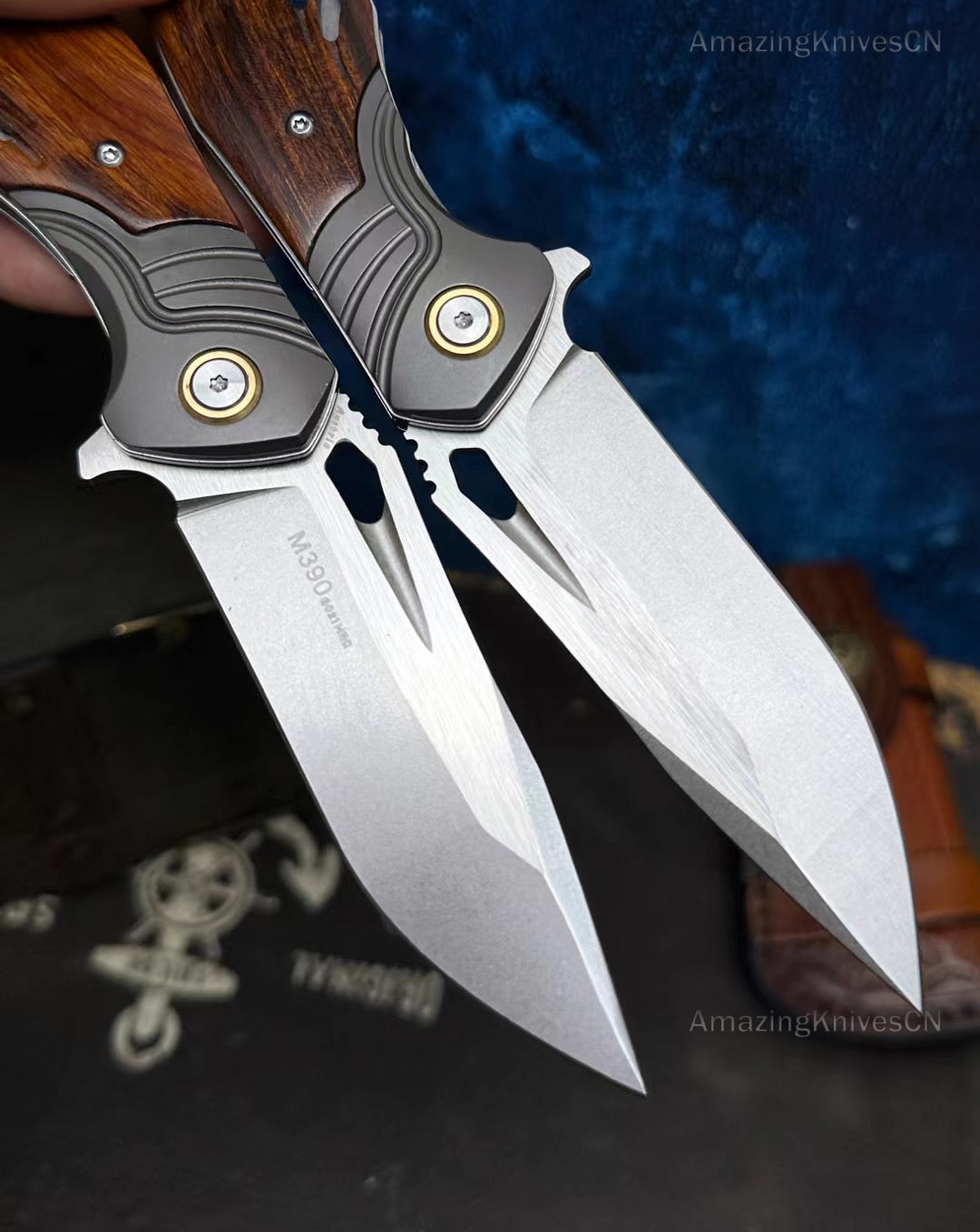 M390 Blade Pocket Knife Tactical Flipper Ceramic Ball Bearings Desert Ironwood - AK-HT0850