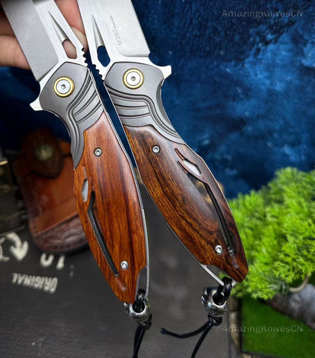 M390 Blade Pocket Knife Tactical Flipper Ceramic Ball Bearings Desert Ironwood - AK-HT0850