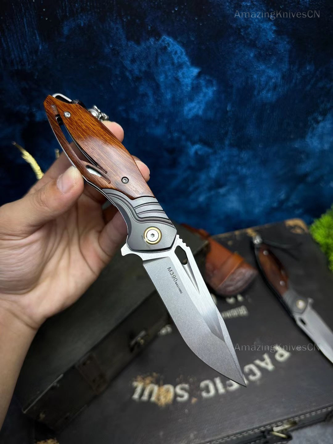 M390 Blade Pocket Knife Tactical Flipper Ceramic Ball Bearings Desert Ironwood - AK-HT0850