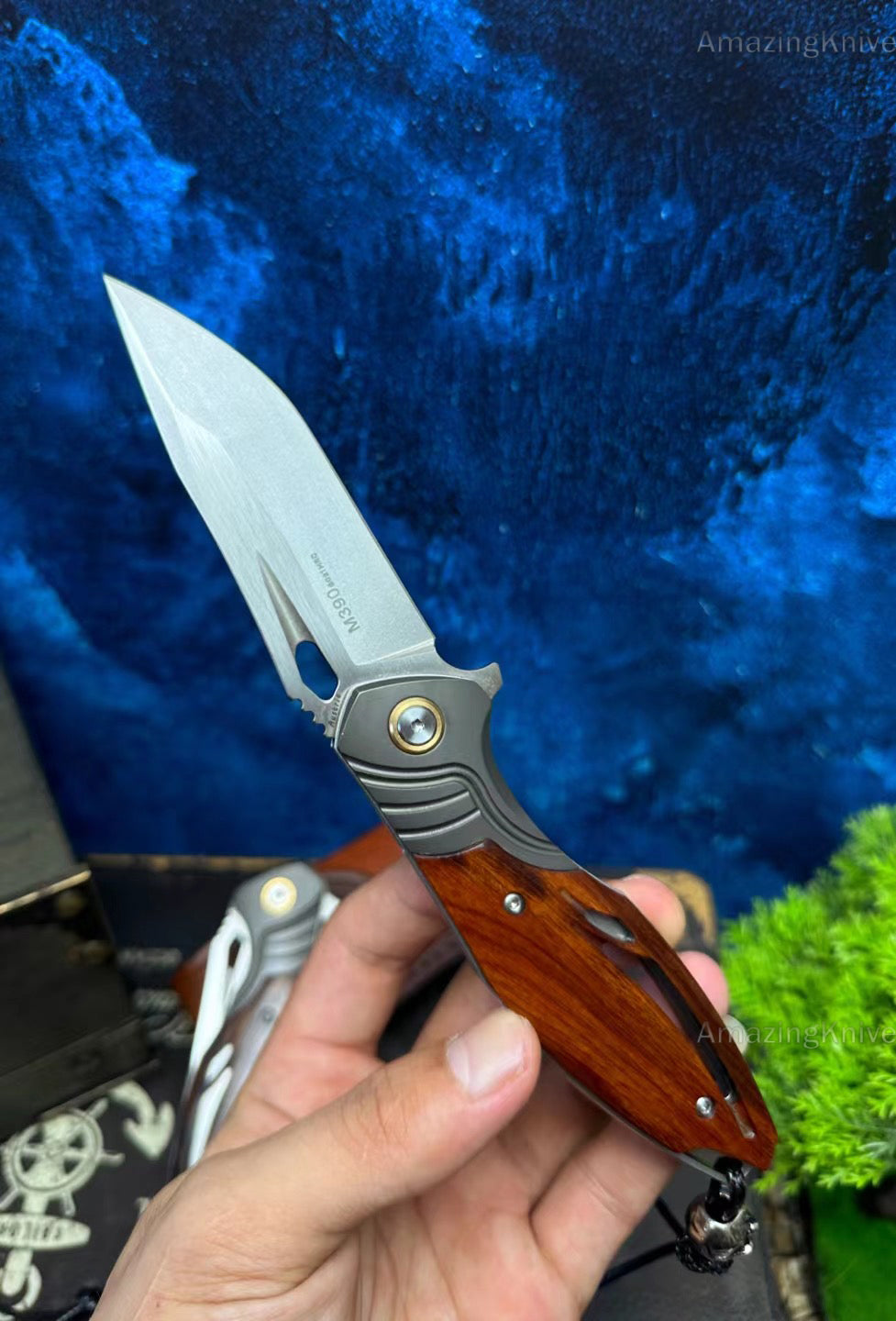 M390 Blade Pocket Knife Tactical Flipper Ceramic Ball Bearings Desert Ironwood - AK-HT0850