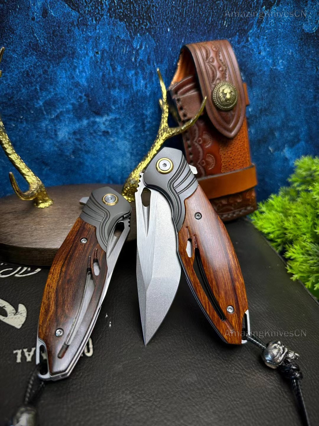 M390 Blade Pocket Knife Tactical Flipper Ceramic Ball Bearings Desert Ironwood - AK-HT0850