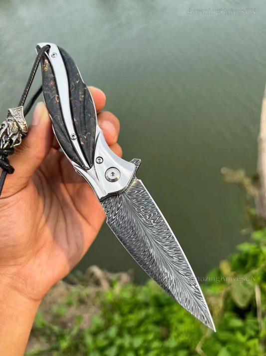 Feather Damascus Steel Folding Knife Pocket Outdoor EDC Flipper Wood Handle with Sheath - AK-HT0682-F