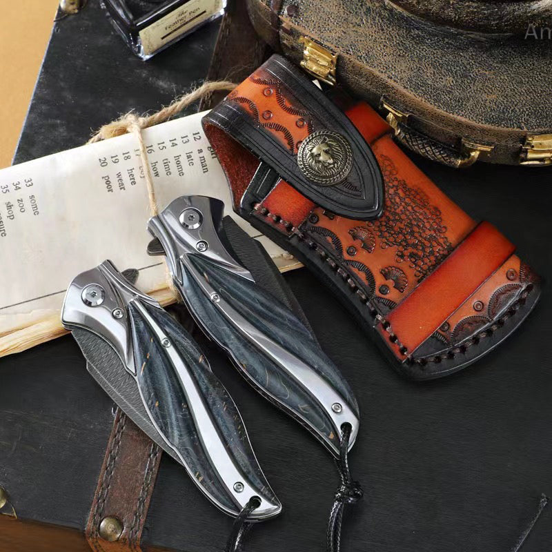 Feather Damascus Steel Folding Knife Pocket Outdoor EDC Flipper Wood Handle with Sheath - AK-HT0682-F