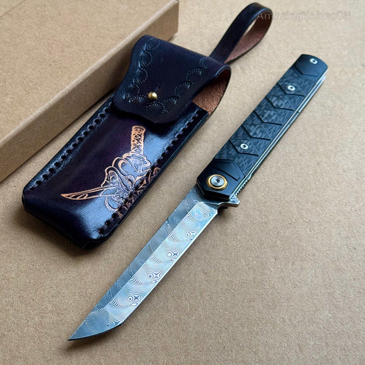 Handmade Damascus Steel Folding Knife Pocket Knives Sheath Carbon Fiber Handle - AK-HT0960