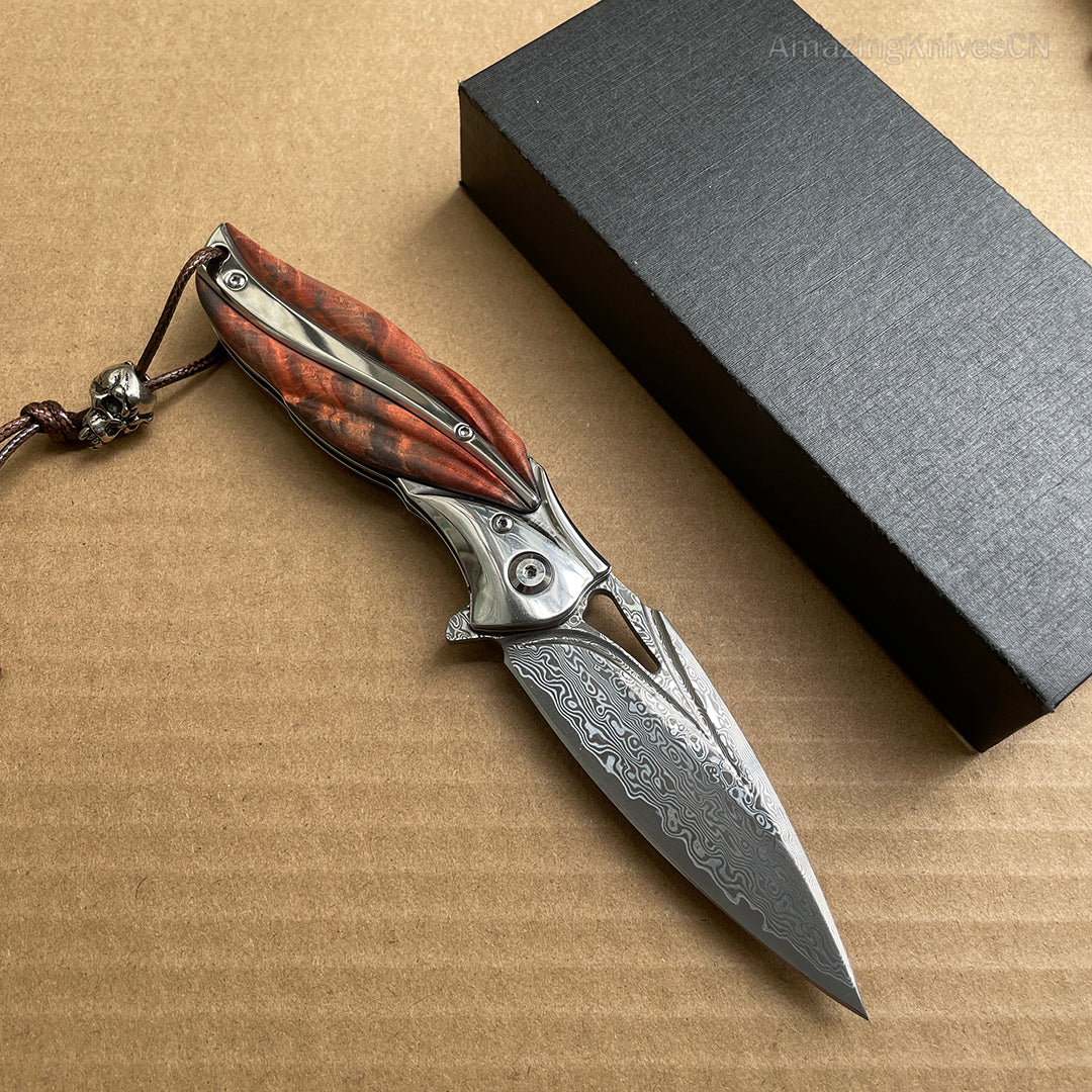 VG10 Damascus Folding Knife Pocket Outdoor EDC Flipper Wood Handle with Sheath - AK-HT0682-B