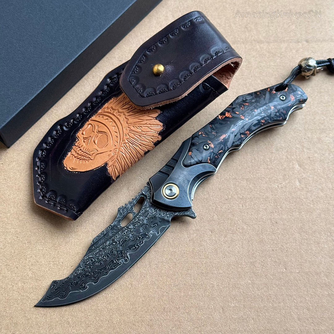 VG10 Damascus Hunting Survival Pocket Knife Carbon Fiber with Clip Ball Bearing - AK-HT0959