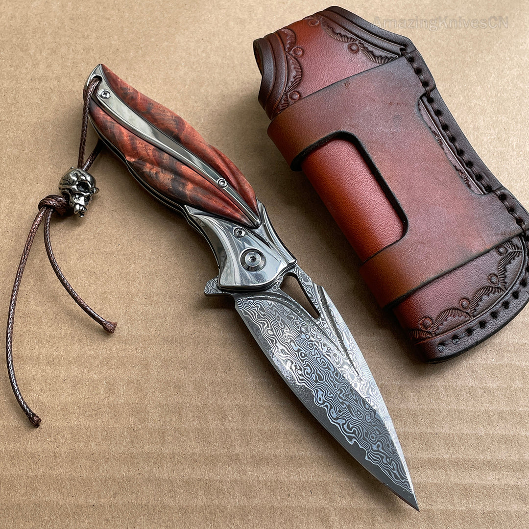 VG10 Damascus Folding Knife Pocket Outdoor EDC Flipper Wood Handle with Sheath - AK-HT0682-B