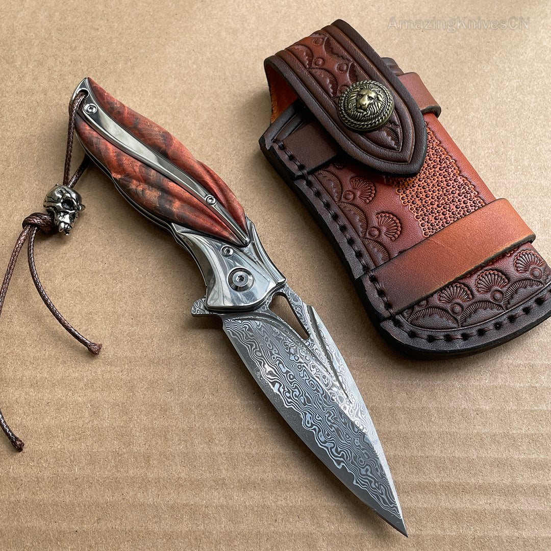 VG10 Damascus Folding Knife Pocket Outdoor EDC Flipper Wood Handle with Sheath - AK-HT0682-B