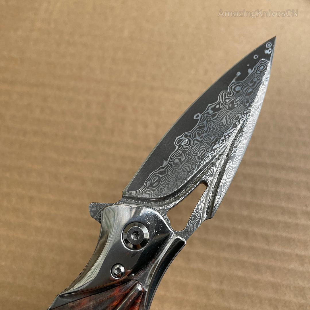 VG10 Damascus Folding Knife Pocket Outdoor EDC Flipper Wood Handle with Sheath - AK-HT0682-B