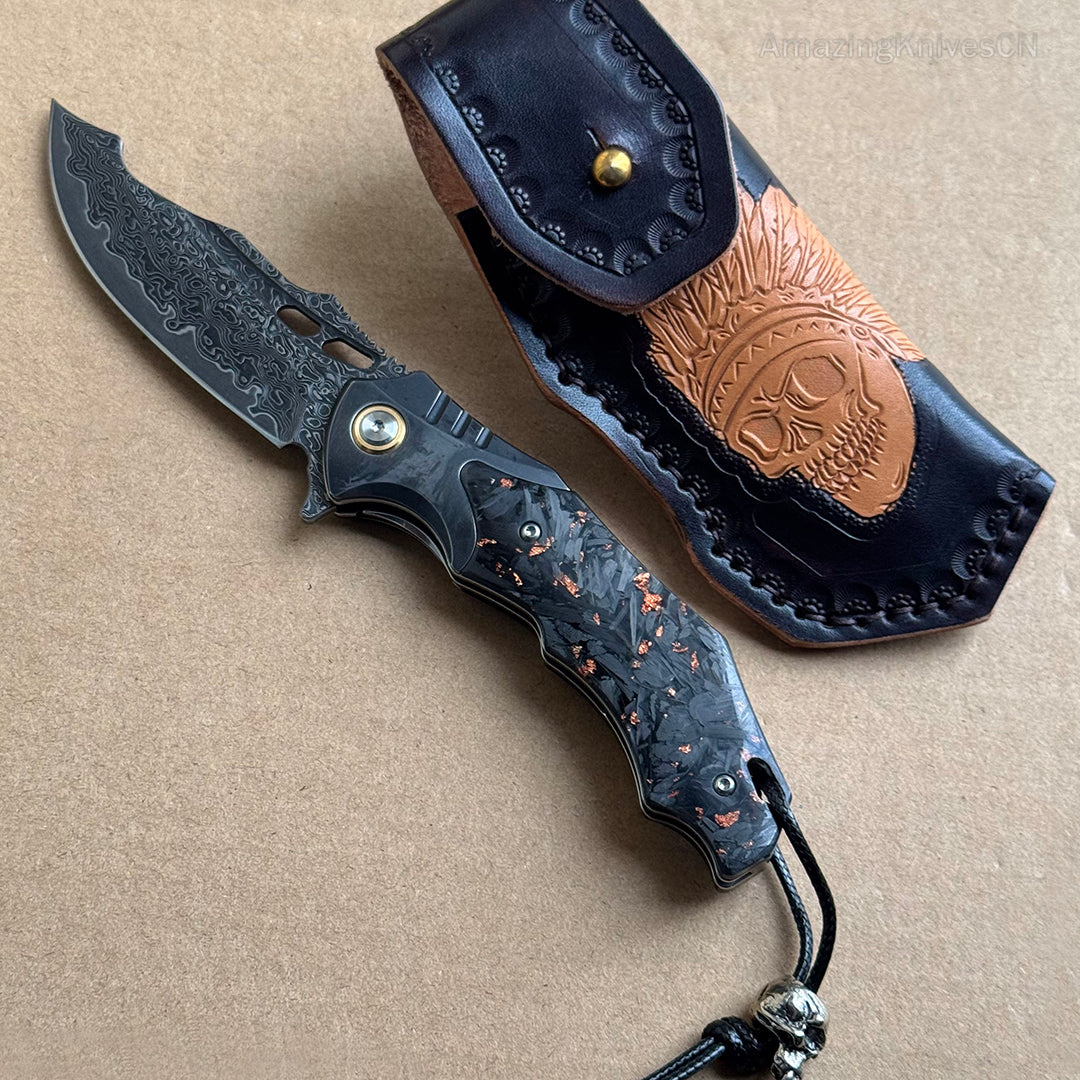 VG10 Damascus Hunting Survival Pocket Knife Carbon Fiber with Clip Ball Bearing - AK-HT0959