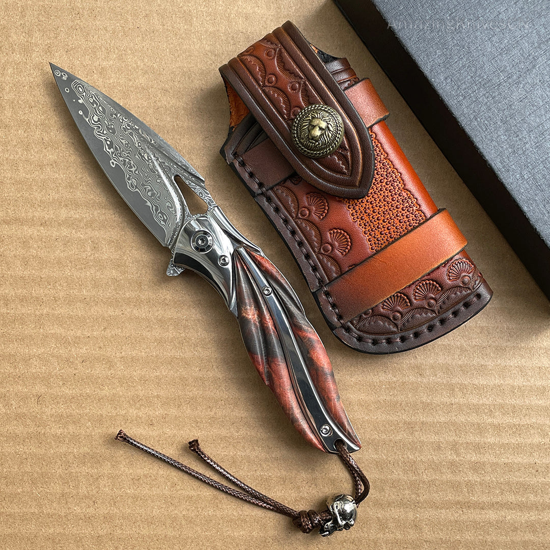 VG10 Damascus Folding Knife Pocket Outdoor EDC Flipper Wood Handle with Sheath - AK-HT0682-B
