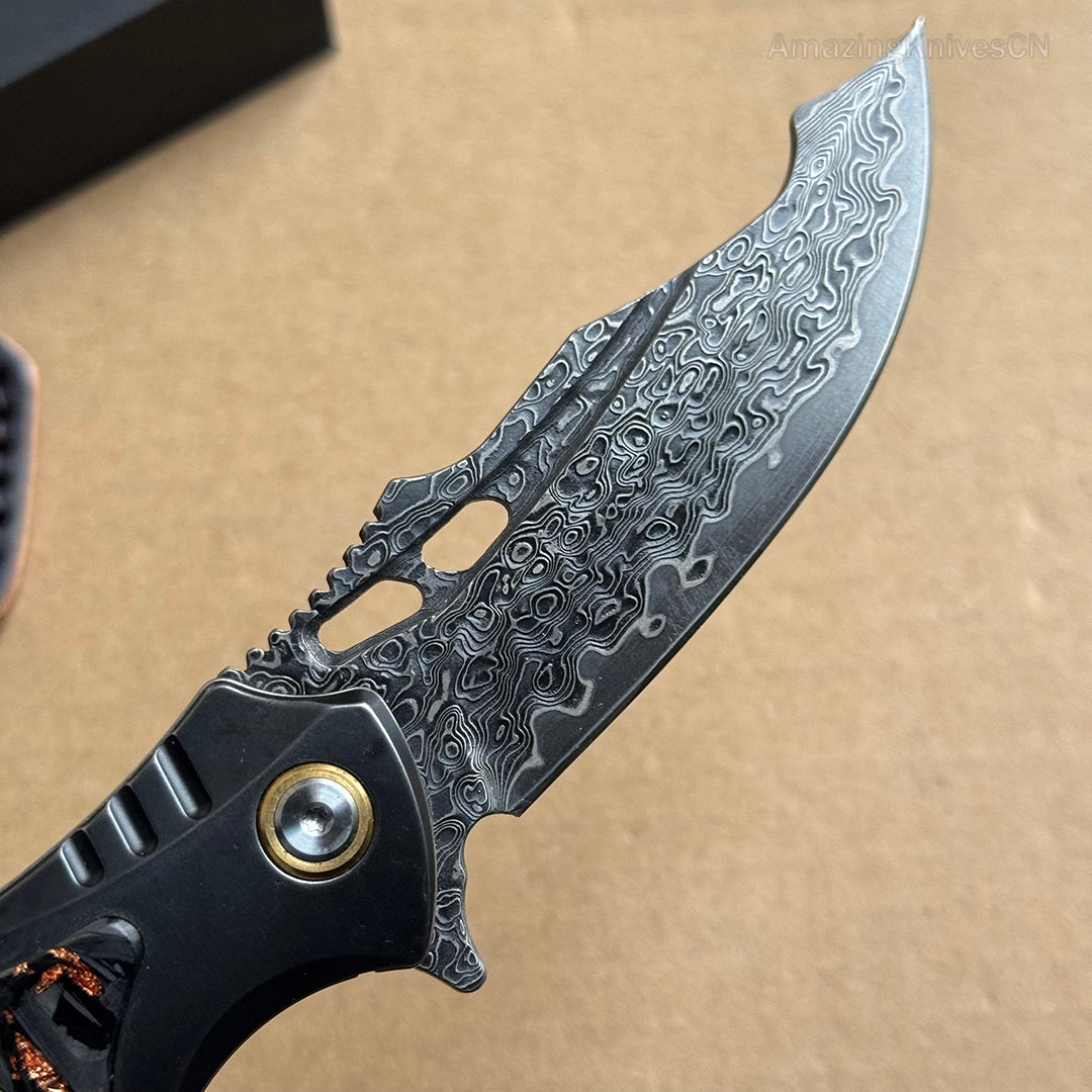 VG10 Damascus Hunting Survival Pocket Knife Carbon Fiber with Clip Ball Bearing - AK-HT0959
