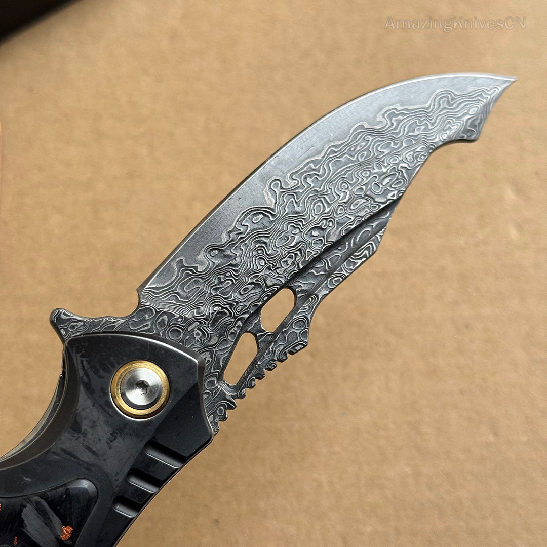 VG10 Damascus Hunting Survival Pocket Knife Carbon Fiber with Clip Ball Bearing - AK-HT0959