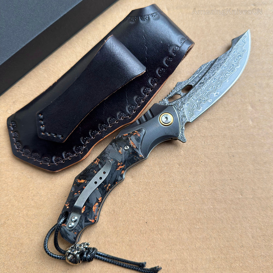 VG10 Damascus Hunting Survival Pocket Knife Carbon Fiber with Clip Ball Bearing - AK-HT0959