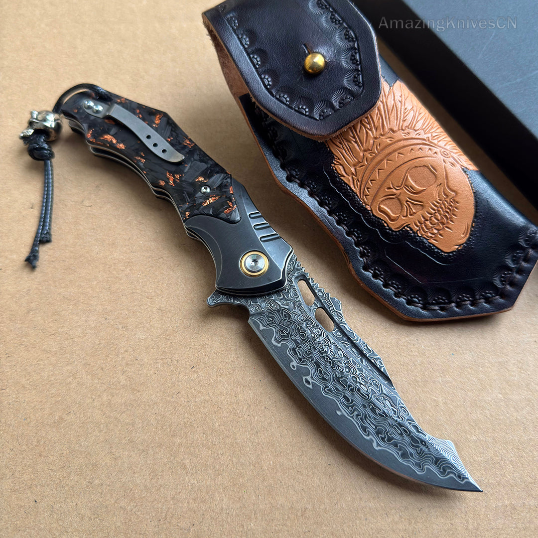 VG10 Damascus Hunting Survival Pocket Knife Carbon Fiber with Clip Ball Bearing - AK-HT0959