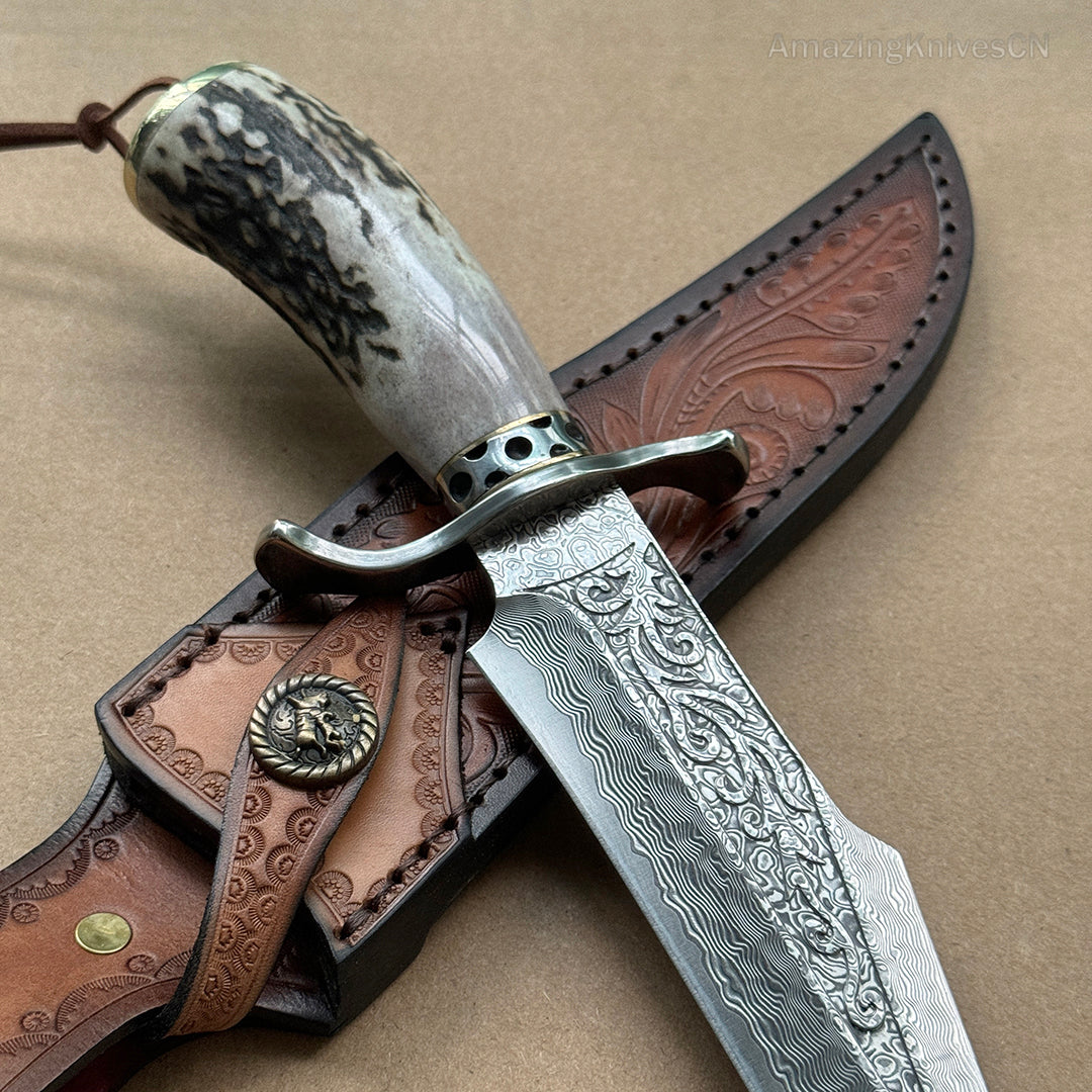 Handcrafted Damascus Hunting Fixed Blade Knife Survival Bowie with Stag Horn Handle - AK-HT0955