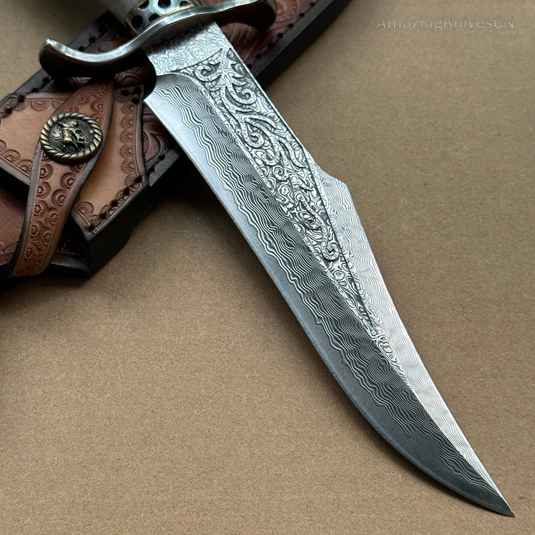Handcrafted Damascus Hunting Fixed Blade Knife Survival Bowie with Stag Horn Handle - AK-HT0955