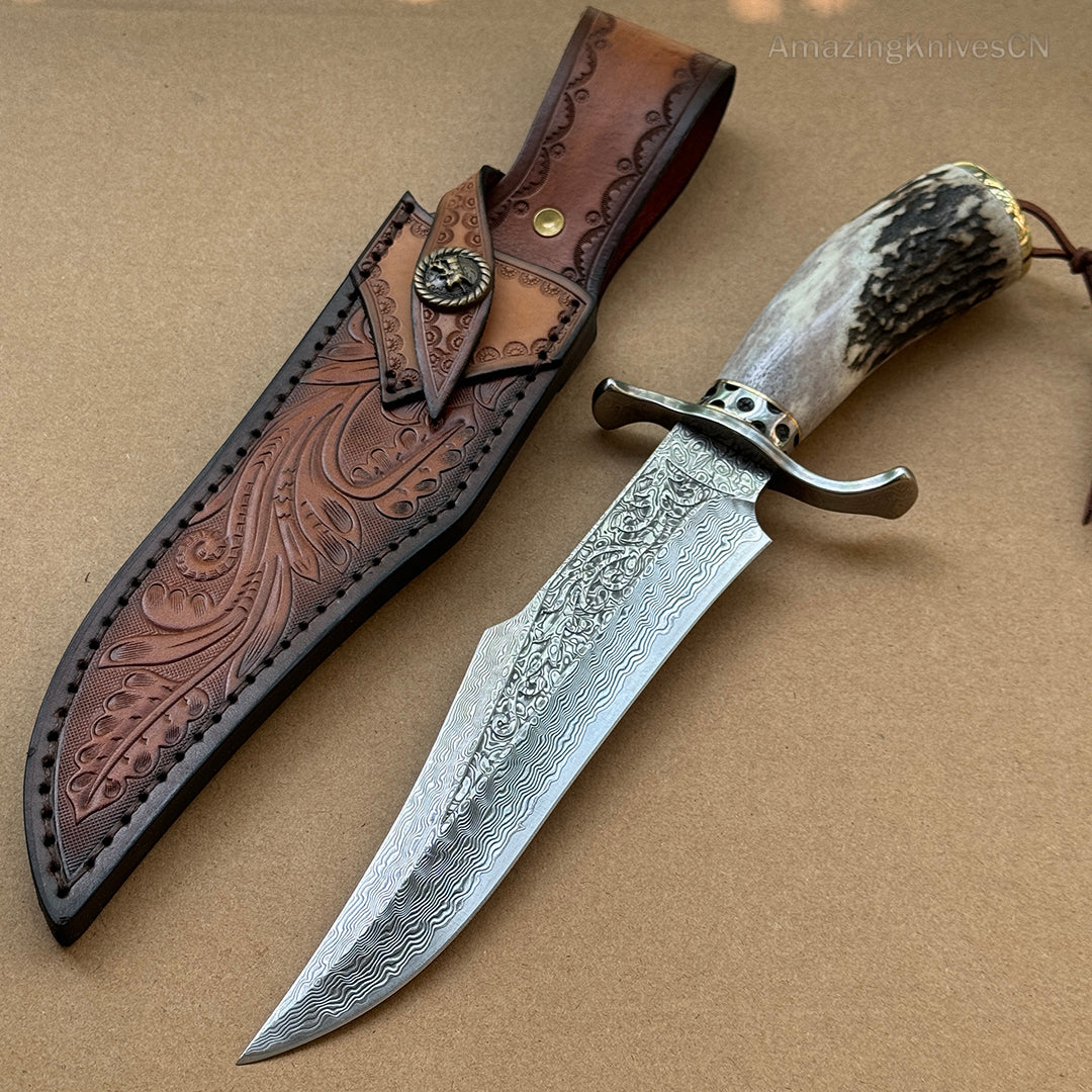 Handcrafted Damascus Hunting Fixed Blade Knife Survival Bowie with Stag Horn Handle - AK-HT0955