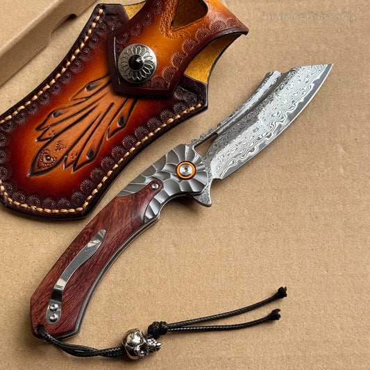 Hunting Knife Tactical Damascus Folding Knives Flipper Ball Bearings with Sheath - AK-HT0744