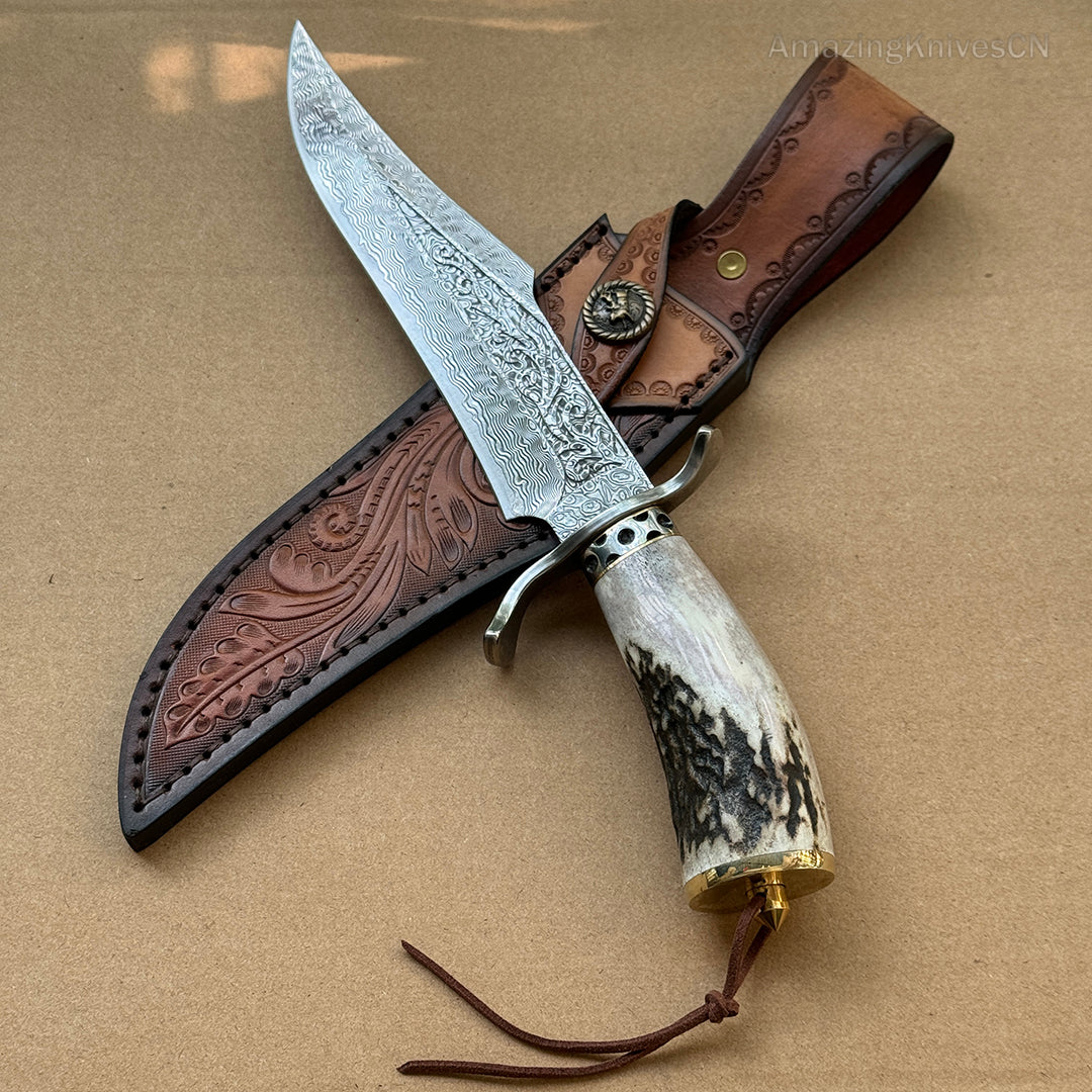 Handcrafted Damascus Hunting Fixed Blade Knife Survival Bowie with Stag Horn Handle - AK-HT0955