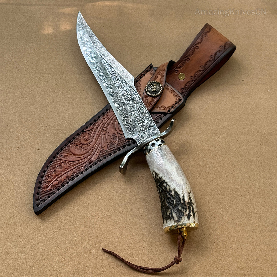 Handcrafted Damascus Hunting Fixed Blade Knife Survival Bowie with Stag Horn Handle - AK-HT0955