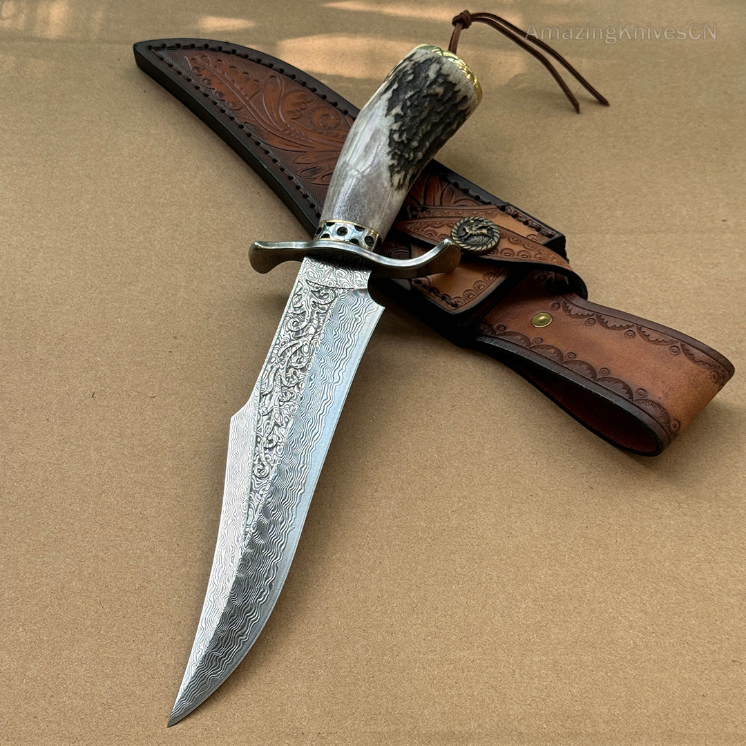 Handcrafted Damascus Hunting Fixed Blade Knife Survival Bowie with Stag Horn Handle - AK-HT0955