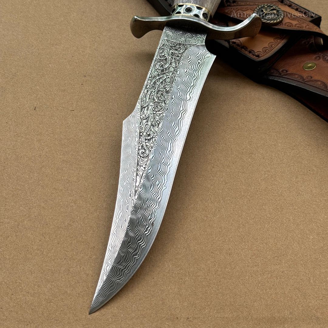 Handcrafted Damascus Hunting Fixed Blade Knife Survival Bowie with Stag Horn Handle - AK-HT0955