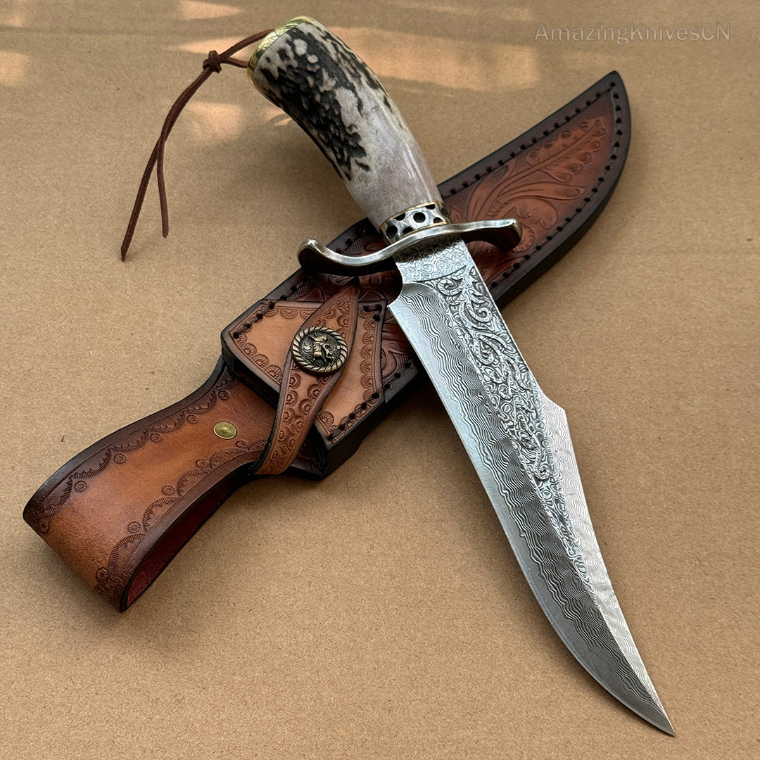 Handcrafted Damascus Hunting Fixed Blade Knife Survival Bowie with Stag Horn Handle - AK-HT0955