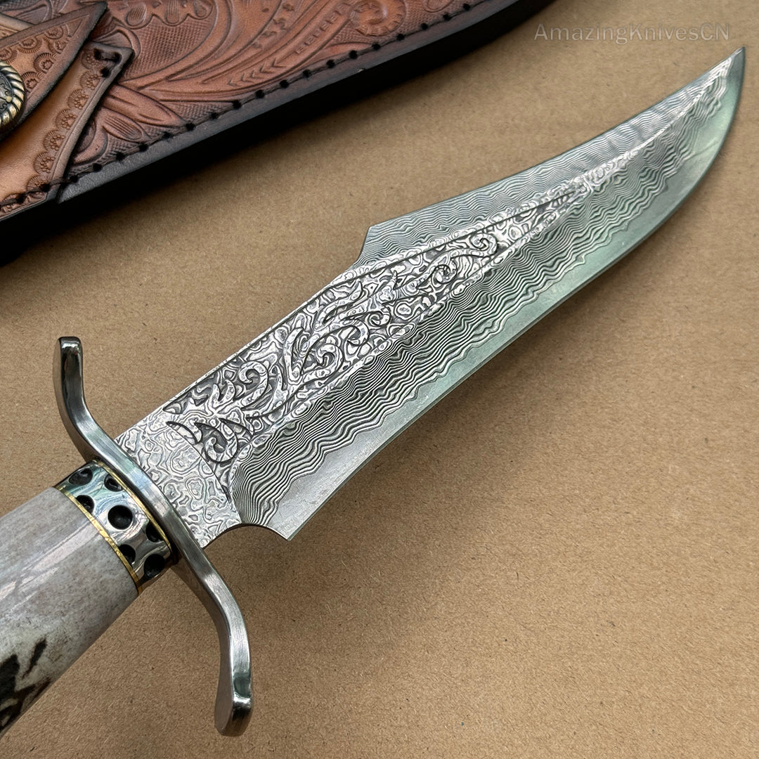 Handcrafted Damascus Hunting Fixed Blade Knife Survival Bowie with Stag Horn Handle - AK-HT0955