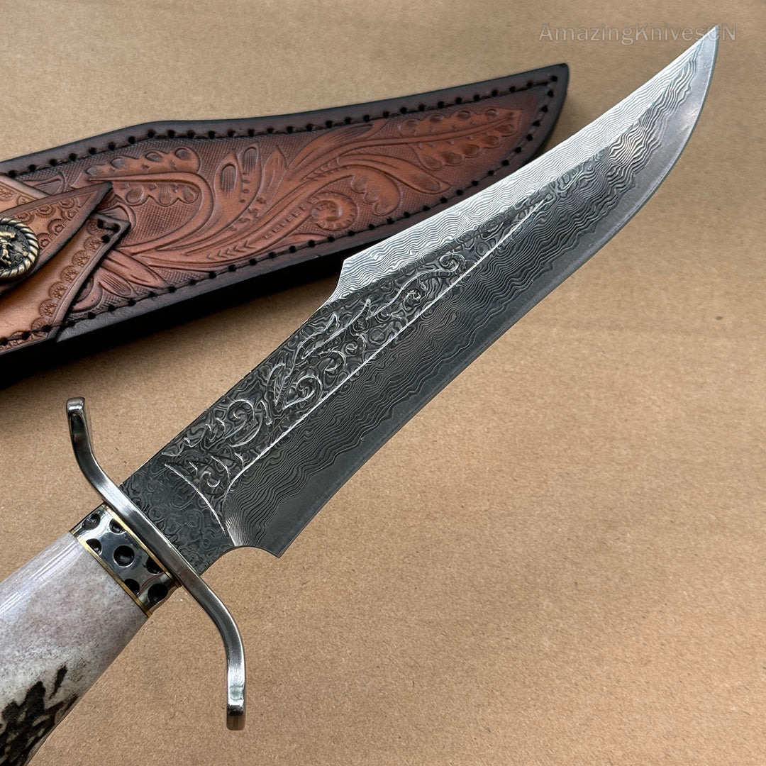 Handcrafted Damascus Hunting Fixed Blade Knife Survival Bowie with Stag Horn Handle - AK-HT0955